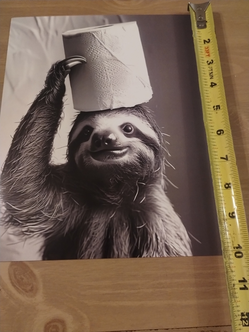 Funny Sloth Bathroom Wall Art Toilet Paper Hat Humor Print Black White 8x10